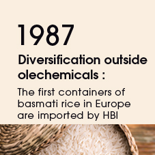 1987 Diversification outside olechemicals : The first containers of basmati rice in Europe are imported by HBI